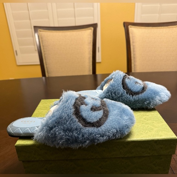 New Gucci GG Faux Fur Slip On Slides Blue Black Size 38 / US 8 - Picture 5 of 15